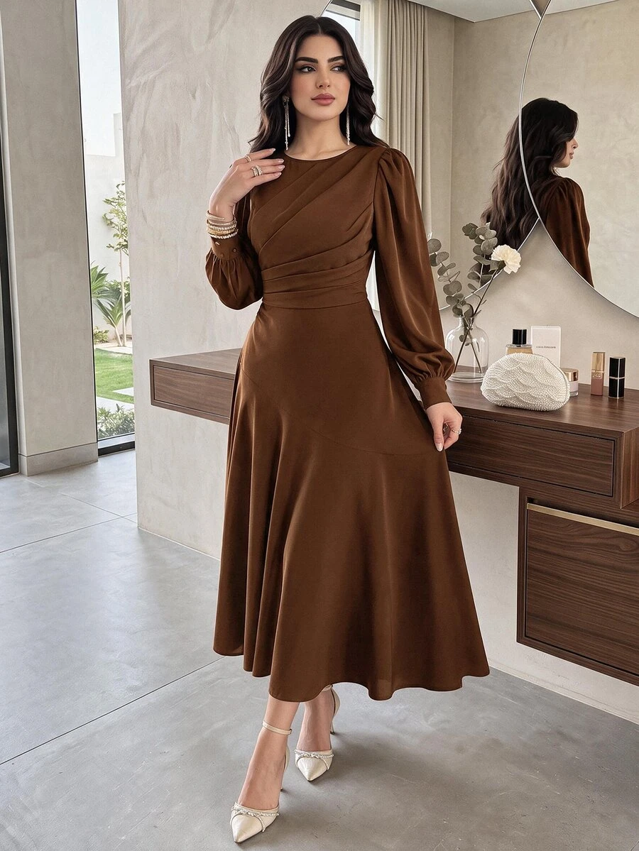 Modelyn Women Elegant Solid Color Lantern Sleeve Midi Dress, Autumn Long Evening Dresses