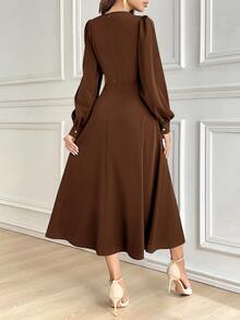 Modelyn Women Elegant Solid Color Lantern Sleeve Midi Dress, Autumn Long Evening Dresses - Coffee Brown - View 4