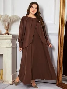 Al Najma Women's Round Neck Long Sleeve Layered 3D Floral Elegant Plus Size Arabian Dress - Coffee Brown - View 6