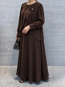 Al Najma Women's Round Neck Long Sleeve Layered 3D Floral Elegant Plus Size Arabian Dress - Coffee Brown - View 1