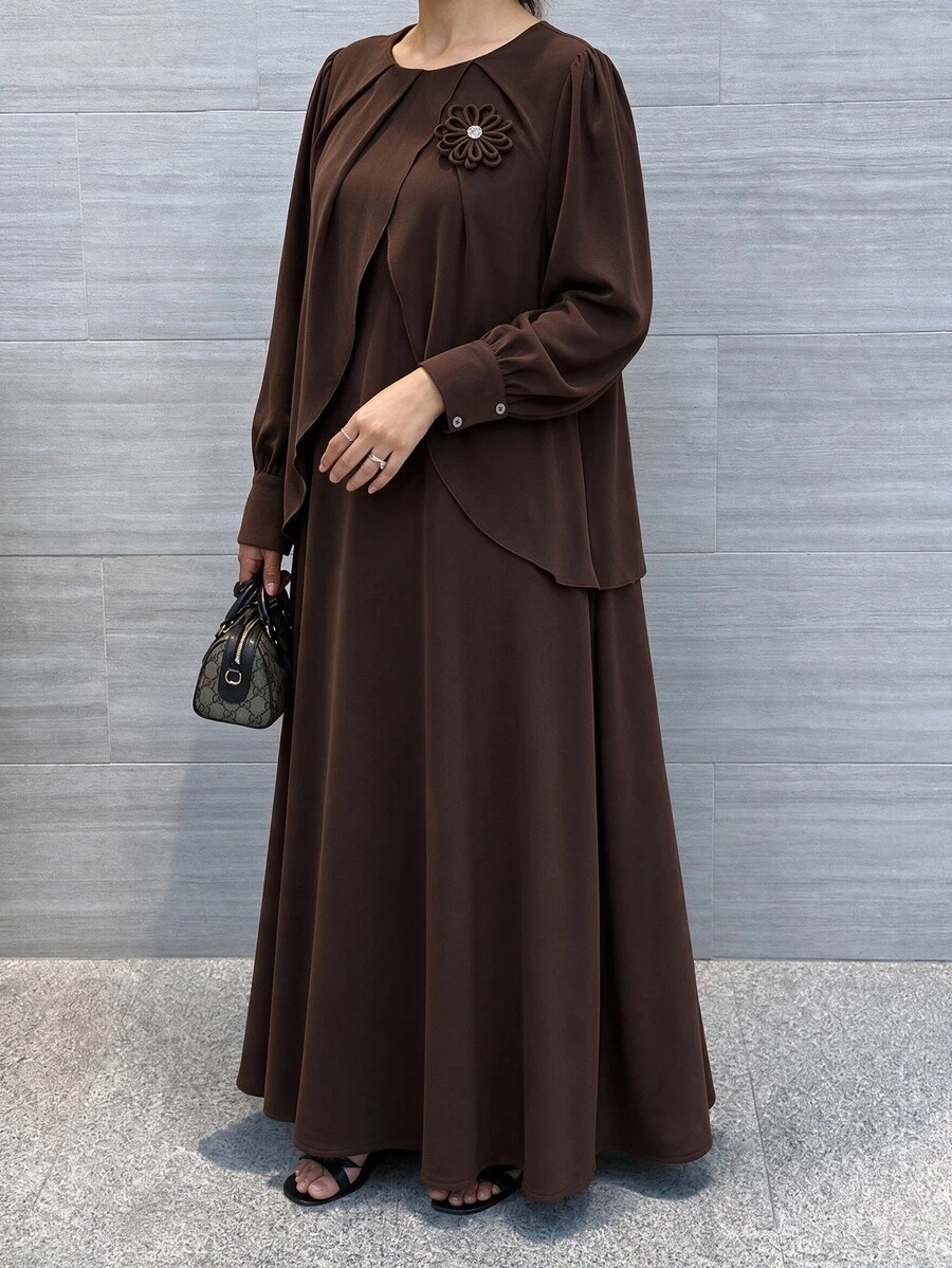 Al Najma Women's Round Neck Long Sleeve Layered 3D Floral Elegant Plus Size Arabian Dress - Coffee Brown - View 1