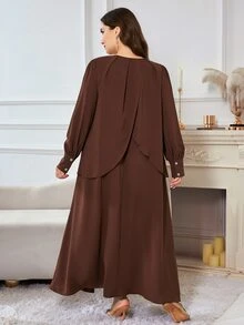 Al Najma Women's Round Neck Long Sleeve Layered 3D Floral Elegant Plus Size Arabian Dress - Coffee Brown - View 2