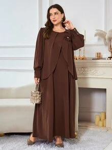 Al Najma Women's Round Neck Long Sleeve Layered 3D Floral Elegant Plus Size Arabian Dress - Coffee Brown - View 4
