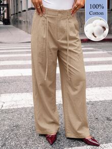 Avantive Women's Solid Color Pocket Wide Leg Loose Casual Long Pants (100% Cotton) - Khaki - View 4