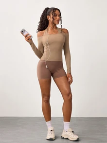 BamGleam Women's Halter Neck Bra And Halterneck Long Sleeve Top Sports Sporty Sexy Set Workout Gym Khaki Fall - Brown - View 4