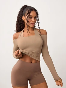 BamGleam Women's Halter Neck Bra And Halterneck Long Sleeve Top Sports Sporty Sexy Set Workout Gym Khaki Fall - Brown - View 1
