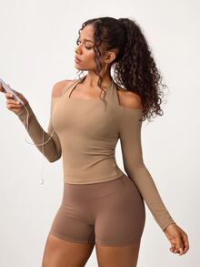 BamGleam Women's Halter Neck Bra And Halterneck Long Sleeve Top Sports Sporty Sexy Set Workout Gym Khaki Fall - Brown - View 5