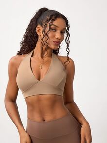 BamGleam Women's Halter Neck Bra And Halterneck Long Sleeve Top Sports Sporty Sexy Set Workout Gym Khaki Fall - Brown - View 3