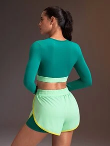 Powerista Women's 2 Pieces Faux Layered Zipper Placket Cropped Long Sleeve Top And Shorts Sports Set Running Set Gym Fitness Workout Green Sport Bra Training - Green - View 2