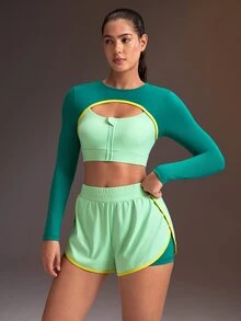 Powerista Women's 2 Pieces Faux Layered Zipper Placket Cropped Long Sleeve Top And Shorts Sports Set Running Set Gym Fitness Workout Green Sport Bra Training - Green - View 7