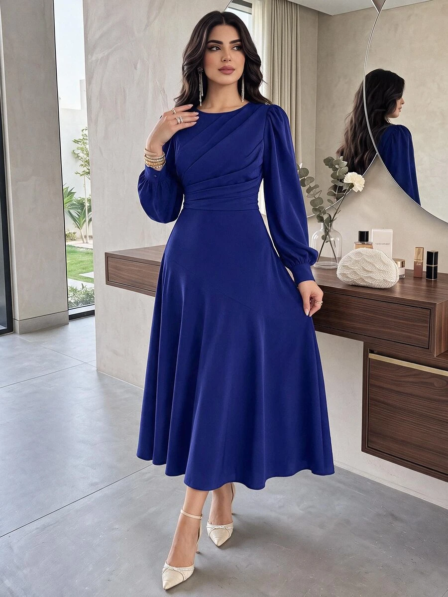 Modelyn Women's Elegant Solid Color Lantern Sleeve Dress, Autumn Long Evening Dresses