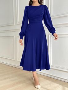 Modelyn Women's Elegant Solid Color Lantern Sleeve Dress, Autumn Long Evening Dresses - Royal Blue - View 6