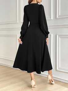 Modelyn Burgundy Red Women Solid Color Round Neck Lantern Sleeve Pleated Elegant Mid-Length Dress, Autumn Long Evening Dresses Modest Black Midi For - Black - View 4