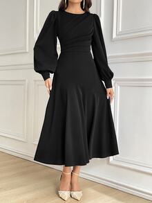 Modelyn Burgundy Red Women Solid Color Round Neck Lantern Sleeve Pleated Elegant Mid-Length Dress, Autumn Long Evening Dresses Modest Black Midi For - Black - View 8