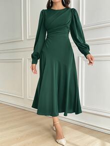 Modelyn Women's Solid Color Round Neck Lantern Sleeve Pleated Elegant Mid-Length Dress, Autumn Long Evening Dresses - Dark Green - View 6