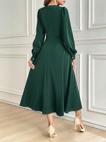 Modelyn Women's Solid Color Round Neck Lantern Sleeve Pleated Elegant Mid-Length Dress, Autumn Long Evening Dresses - Dark Green - View 4