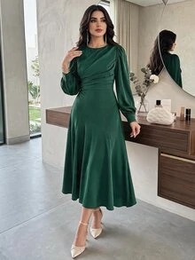 Modelyn Women's Solid Color Round Neck Lantern Sleeve Pleated Elegant Mid-Length Dress, Autumn Long Evening Dresses - Dark Green - View 2