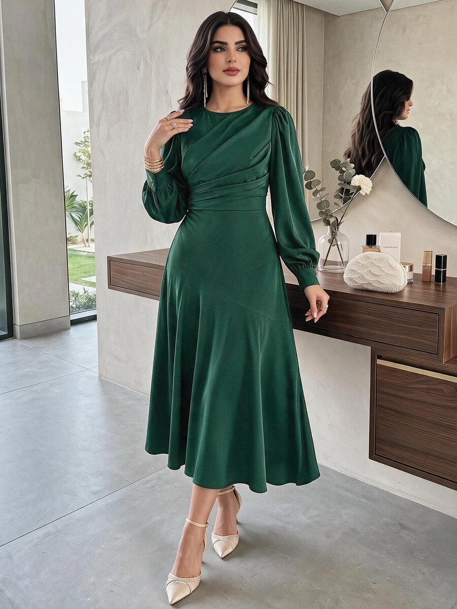 Modelyn Women's Solid Color Round Neck Lantern Sleeve Pleated Elegant Mid-Length Dress, Autumn Long Evening Dresses