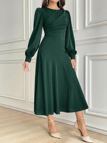 Modelyn Women's Solid Color Round Neck Lantern Sleeve Pleated Elegant Mid-Length Dress, Autumn Long Evening Dresses - Dark Green - View 7