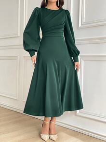 Modelyn Women's Solid Color Round Neck Lantern Sleeve Pleated Elegant Mid-Length Dress, Autumn Long Evening Dresses - Dark Green - View 8