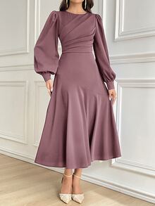 Modelyn Women's Solid Color Round Neck Lantern Sleeve Pleated Elegant Mid-Length Dress Long Evening Dresses - Dusty Pink - View 9