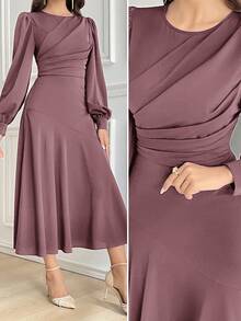 Modelyn Women's Solid Color Round Neck Lantern Sleeve Pleated Elegant Mid-Length Dress Long Evening Dresses - Dusty Pink - View 3