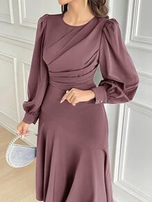 Modelyn Women's Solid Color Round Neck Lantern Sleeve Pleated Elegant Mid-Length Dress Long Evening Dresses - Dusty Pink - View 5