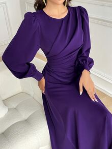 Modelyn Women's Solid Color Round Neck Lantern Sleeve Pleated Midi Dress Long Evening Tea Party Dinner Date Formal Deep Purple Autumn Elegant Wedding - Purple - View 7