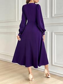 Modelyn Women's Solid Color Round Neck Lantern Sleeve Pleated Midi Dress Long Evening Tea Party Dinner Date Formal Deep Purple Autumn Elegant Wedding - Purple - View 3