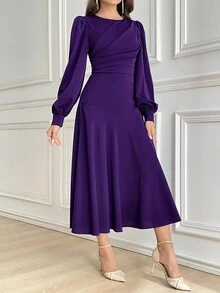 Modelyn Women's Solid Color Round Neck Lantern Sleeve Pleated Midi Dress Long Evening Tea Party Dinner Date Formal Deep Purple Autumn Elegant Wedding - Purple - View 6