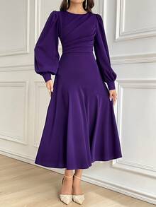 Modelyn Women's Solid Color Round Neck Lantern Sleeve Pleated Midi Dress Long Evening Tea Party Dinner Date Formal Deep Purple Autumn Elegant Wedding - Purple - View 2