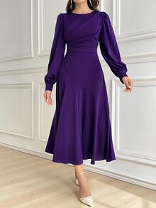 Modelyn Women's Solid Color Round Neck Lantern Sleeve Pleated Midi Dress Long Evening Tea Party Dinner Date Formal Deep Purple Autumn Elegant Wedding - Purple - View 5