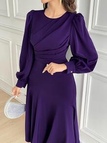 Modelyn Women's Solid Color Round Neck Lantern Sleeve Pleated Midi Dress Long Evening Tea Party Dinner Date Formal Deep Purple Autumn Elegant Wedding - Purple - View 4