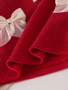 Elladie kids Tween Girls' Gentle Korean Style 3D Satin Bow Decor Light Apricot Vertical Ribbed Texture Soft Smooth Round Neck Loose Long Sleeve Top And High Waist Dr - Red - View 6