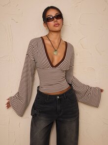 SHEIN PETITE Women's Deep V-Neck Striped Casual Daily Long Sleeve Top - Multicolor - View 6