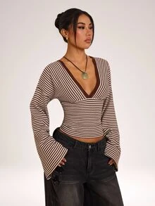 SHEIN PETITE Women's Deep V-Neck Striped Casual Daily Long Sleeve Top - Multicolor - View 7