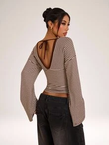 SHEIN PETITE Women's Deep V-Neck Striped Casual Daily Long Sleeve Top - Multicolor - View 2