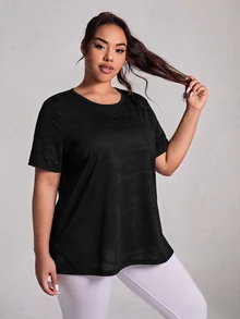SHEIN Rhythm Era 女款大尺碼運動瑜伽戶外健身短袖上衣，交叉露背設計搭配網布拼接 - 黑色 - 查看 7