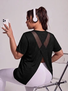 SHEIN Rhythm Era 女款大尺碼運動瑜伽戶外健身短袖上衣，交叉露背設計搭配網布拼接 - 黑色 - 查看 6