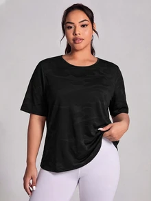 SHEIN Rhythm Era 女款大尺碼運動瑜伽戶外健身短袖上衣，交叉露背設計搭配網布拼接 - 黑色 - 查看 2