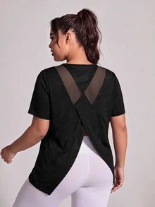 SHEIN Rhythm Era 女款大尺碼運動瑜伽戶外健身短袖上衣，交叉露背設計搭配網布拼接 - 黑色 - 查看 4