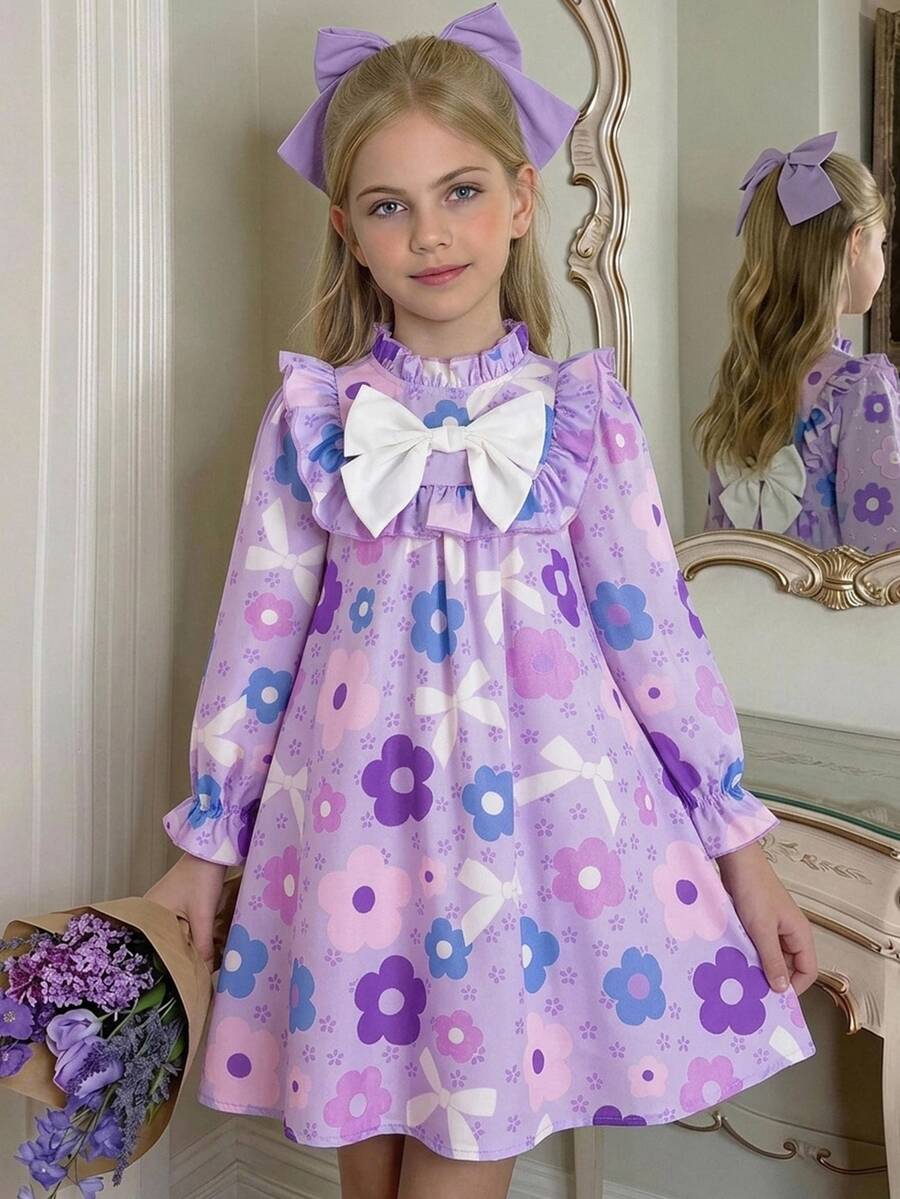 SHEIN Young Girl Bow Decor Floral Print Casual Daily Summer Dress