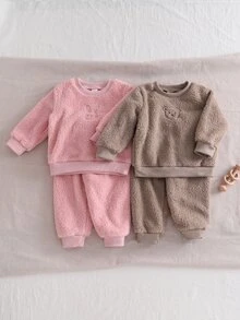 2件組女嬰簡約時尚甜美可愛動物印花長褲與長袖上衣居家服 冬季 - 粉色 - 查看 3