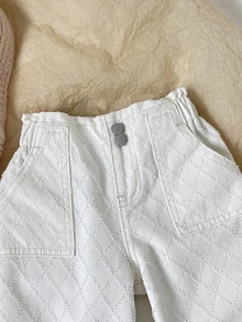 SHEIN 女童新款休閒時尚舒適水洗柔軟鑽紋白色牛仔寬鬆長褲 西式白色長褲 - 白色 - 查看 8