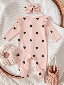 SHEIN 新生兒長袖連身褲附頭帶 2 件套，針織面料，可愛風格，四季可穿，可愛花卉數位印花圖案 - 淺粉色 - 查看 3