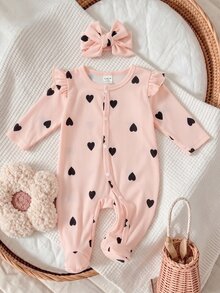 SHEIN 新生兒長袖連身褲附頭帶 2 件套，針織面料，可愛風格，四季可穿，可愛花卉數位印花圖案 - 淺粉色 - 查看 4