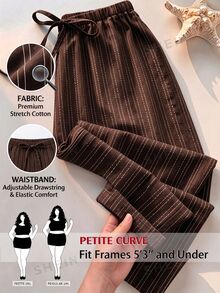 SHEIN PETITE CURVE Plus Size Striped Casual Lounge Modest Drawstring Waist Long Pants For Daily Wear Formal Home Wear Brown Summer Formal Home Wear Fall - Brown - View 8