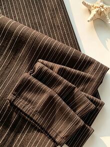 SHEIN PETITE CURVE Plus Size Striped Casual Lounge Modest Drawstring Waist Long Pants For Daily Wear Formal Home Wear Brown Summer Formal Home Wear Fall - Brown - View 3