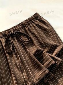 SHEIN PETITE CURVE Plus Size Striped Casual Lounge Modest Drawstring Waist Long Pants For Daily Wear Formal Home Wear Brown Summer Formal Home Wear Fall - Brown - View 9