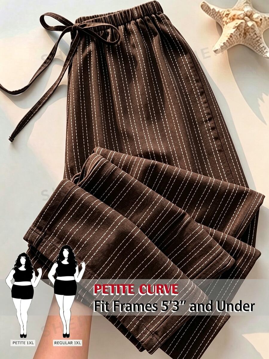 SHEIN PETITE CURVE Plus Size Striped Casual Lounge Modest Drawstring Waist Long Pants For Daily Wear Formal Home Wear Brown Summer Formal Home Wear Fall